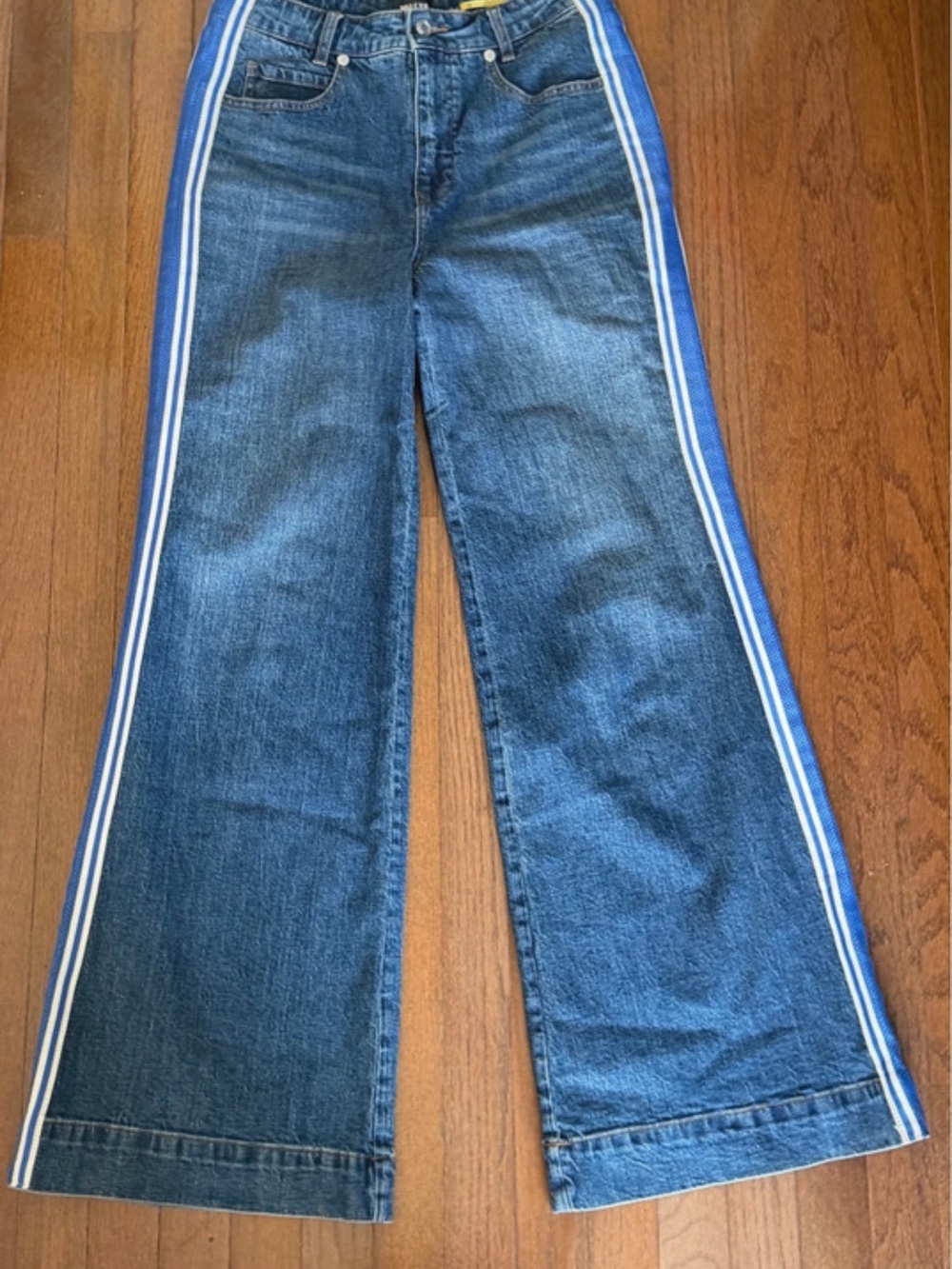 Anthropologie Blue Denim Wide-Leg Jeans with White and Blue Side Stripes - Picture 3 of 13
